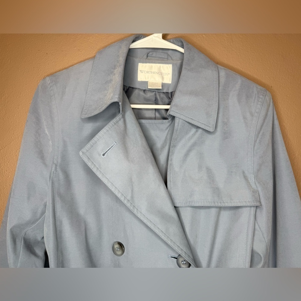 Vtg Worthington Dusty Blue Trench Coat Size Small Petite Belted Double Breasted - Picture 7 of 15